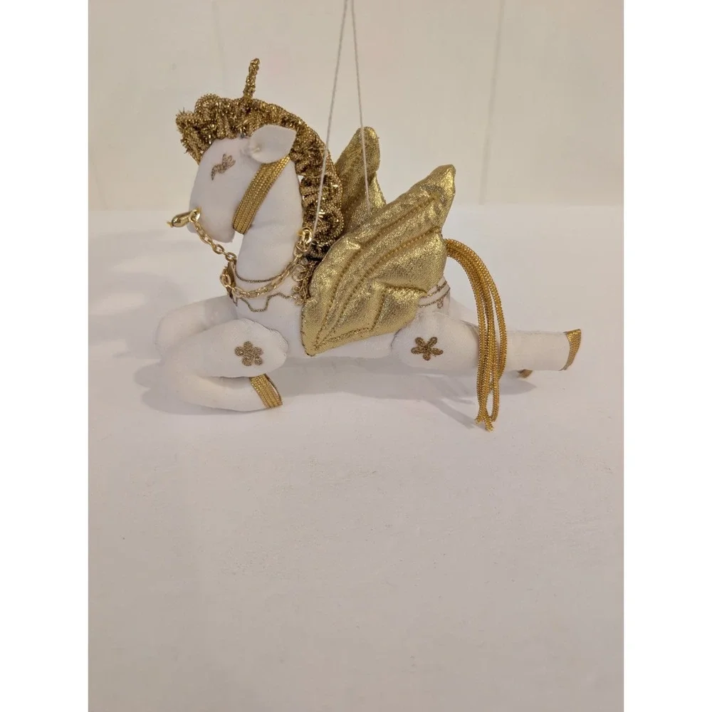 Flying Unicorn Pegasus Christmas Ornament Plush White Gold 6